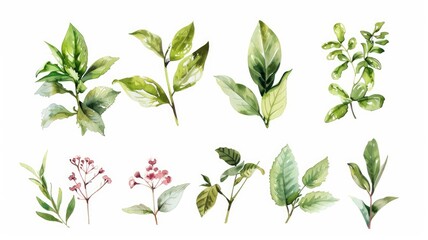 Watercolor botany picture of natural leaf and flora arranged as set. Group of vividness flower and herbal or tree leaves express beautiful element of nature perfect for study biology knowledge. AIG53.