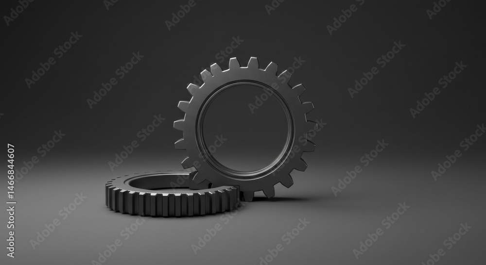 Poster industrial metal gears stacked on a dark gray studio background. two gears in overlapping stack, sho
