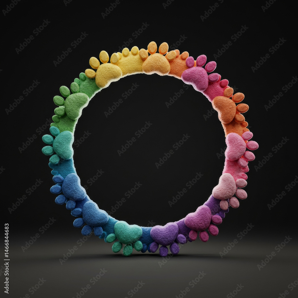 Poster rainbow paw print circle in a dark studio setting. colorful pet paw prints form a circular frame on 