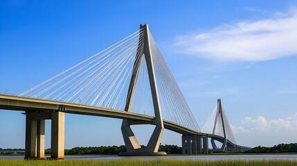 Obraz premium A low-angle view of a sleek cable-stayed bridge, with steel cables radiating upward against a vivid blue sky, highlighting structural innovation. 
