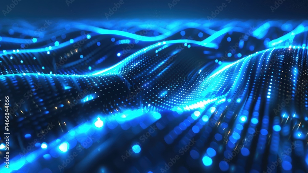 Poster wonderful picture of blue light wave, sparkling particles scattered across space background, create 
