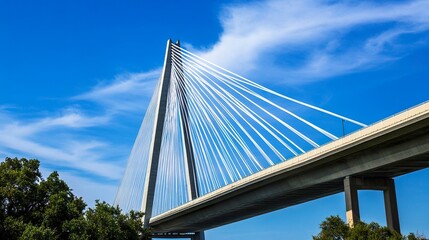 Obraz premium A low-angle view of a sleek cable-stayed bridge, with steel cables radiating upward against a vivid blue sky, highlighting structural innovation 