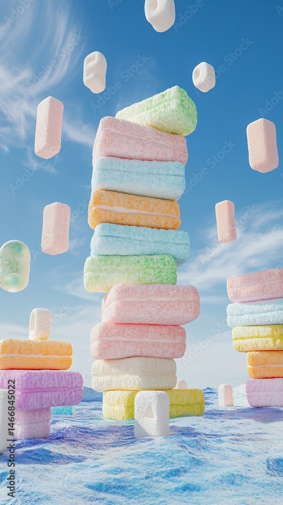 Poster colorful animated ice cream cone character in a bright melting background with sparkles and shimmeri