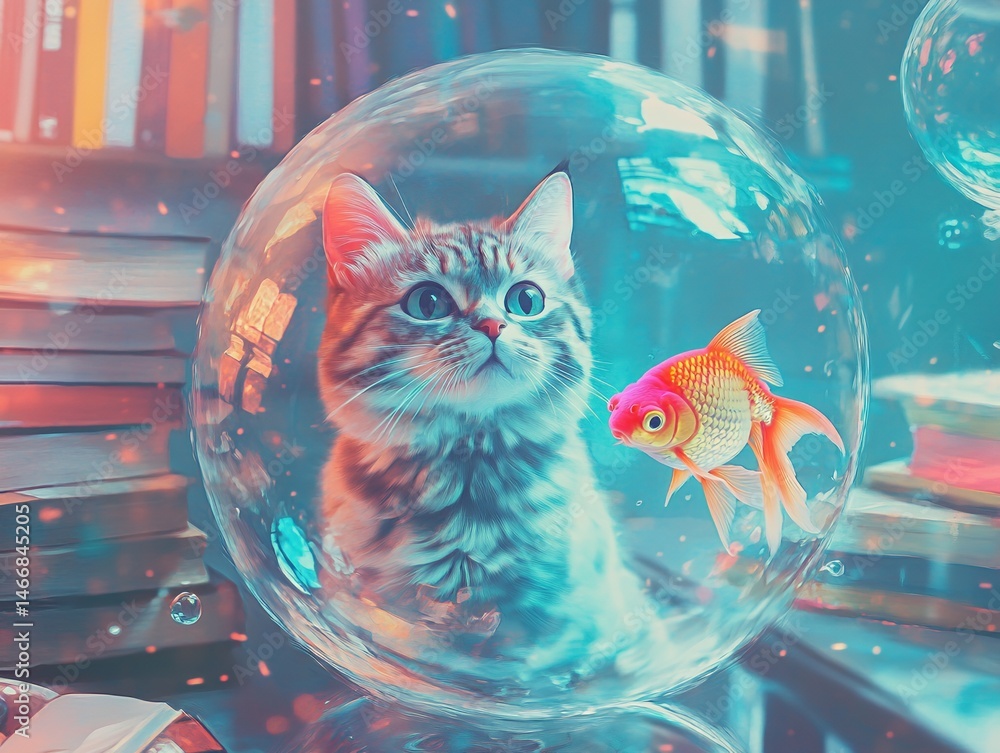 Poster colorful abstract bubble with floating objects and creative textures in a digital art environment