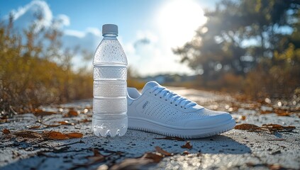 White Sneakers with Water Bottle, and Trail.