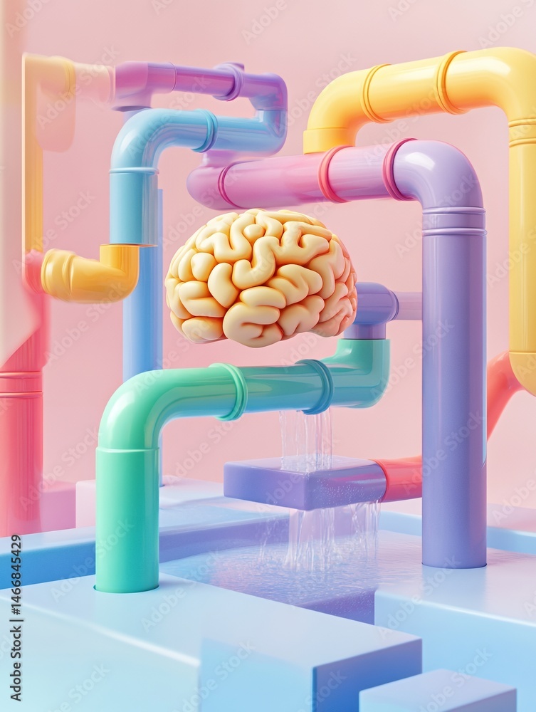 Poster colorful abstract design featuring curved pipes against a soft gradient background