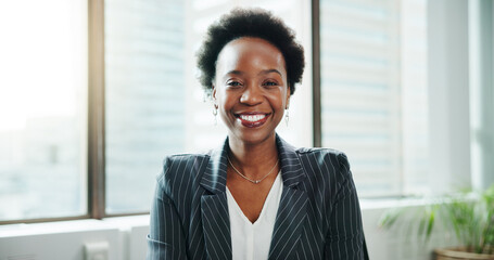 Smile, business and portrait of black woman in office as regulatory affairs specialist. Corporate, employee and confident professional worker, compliance officer or policy development coordinator
