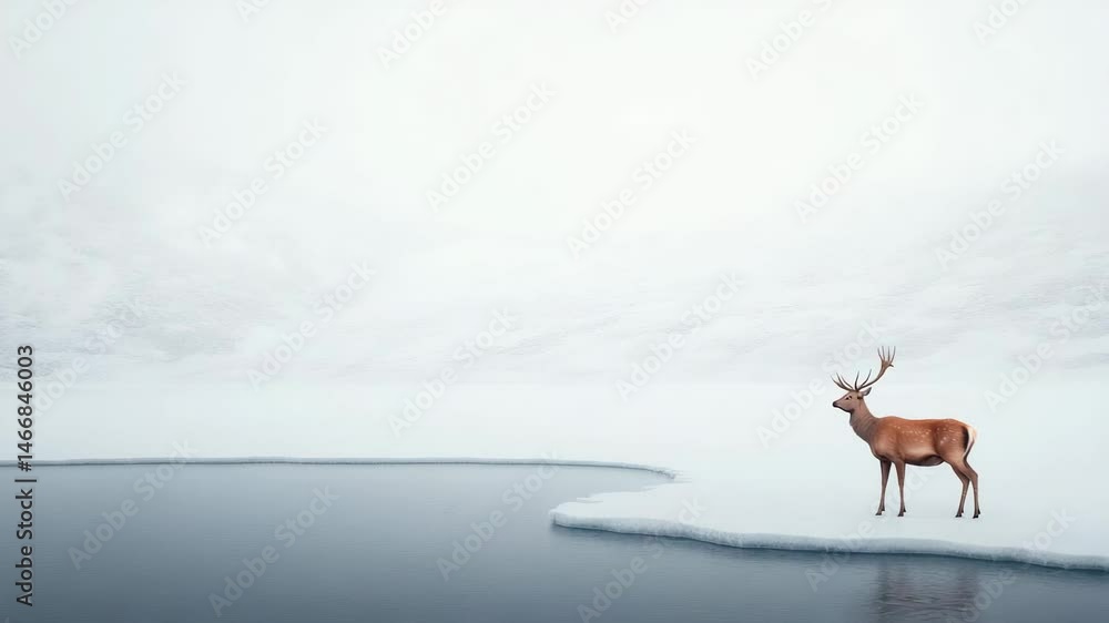 Poster red deer with large antlers standing on a partially frozen lake, surrounded by snow covered mountain