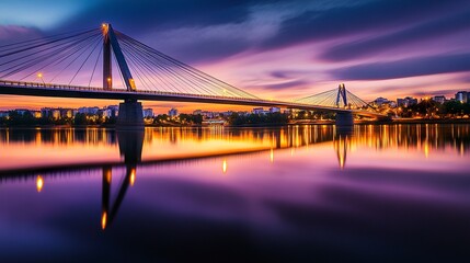 Obraz premium A majestic suspension bridge glowing in twilight hues, its reflection stretching across tranquil waters, framed by a quiet cityscape ideal for travel themes. 