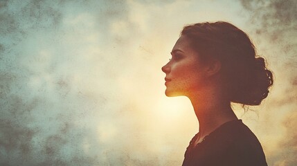 Profile view of a woman, contemplative, sunset