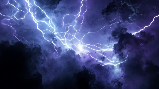 Dramatic Lightning Storm Over Dark Clouds, Electric Sky at Night 4K.
