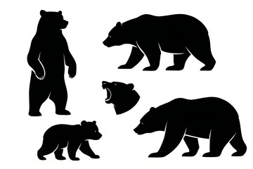 Black Bear Silhouettes Vector Set – Standing, Roaring, Walking, Adult and Cub – Wilderness Wildlife Illustration"
