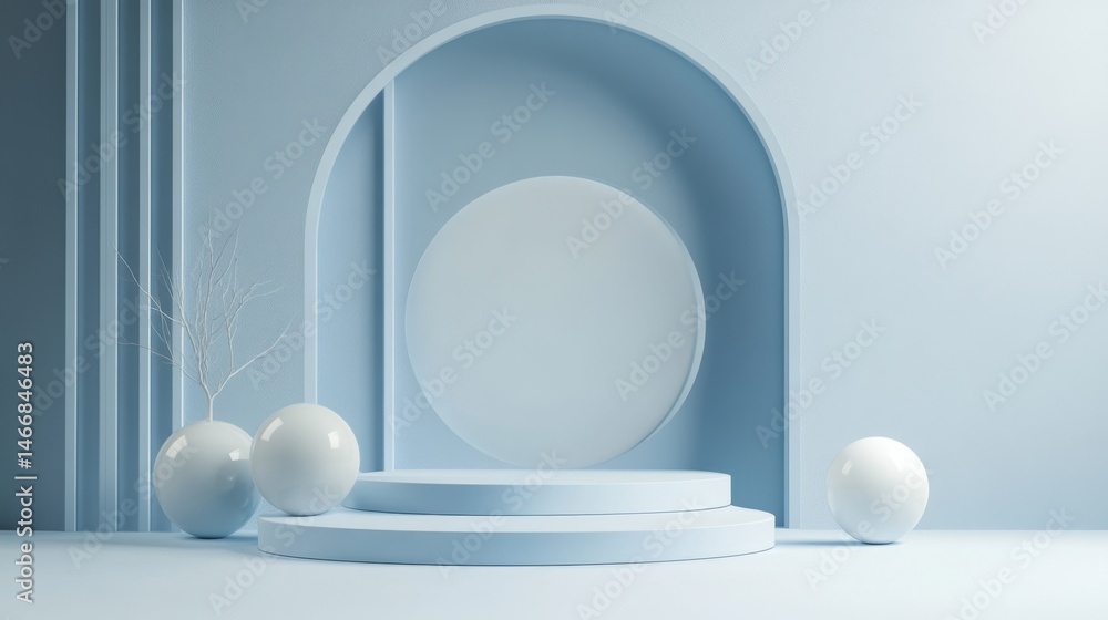 Poster minimalist blue studio backdrop with podium spheres and arch elements for product showcase or presen