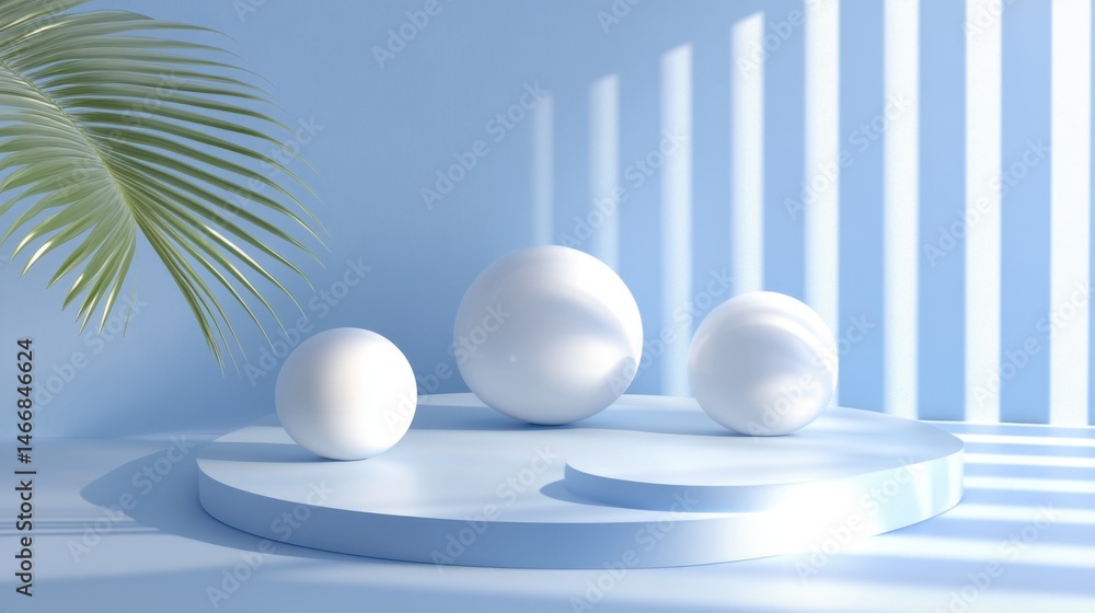 Poster minimalist product display with spheres on platform and palm leaf in blue studio with window light