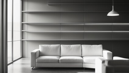 Minimalist Living Room with Modern White Couch, Gray Shelves, and Large Windows – Clean Interior Design.