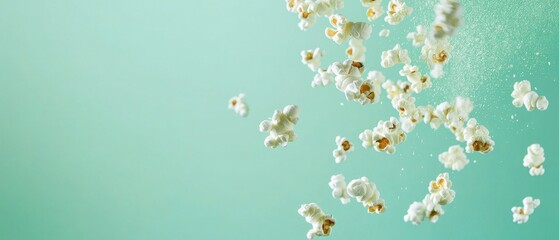 Popcorn explosion on mint green background studio shot food photography for advertising and marketing purposes healthy snack for movie night