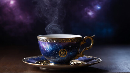 Fototapeta premium Steaming teacup with galaxy design against dark background