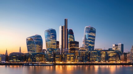 Fototapeta premium Stunning Dusk Skyline View with Beautiful Reflections on Water and Vibrant City Lights