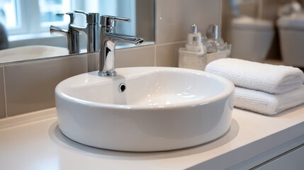 Fototapeta premium A modern ceramic bathroom sink with a chrome faucet, perfect for sleek, contemporary bathroom designs. Ideal for your next home renovation project!