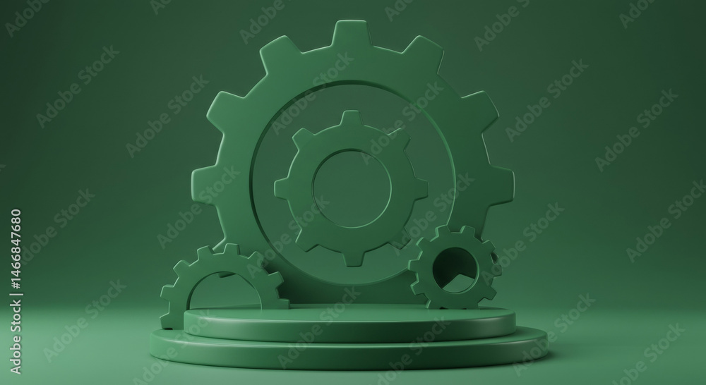 Poster green gear mechanisms on a simple podium against a plain backdrop. abstract display of interconnecte