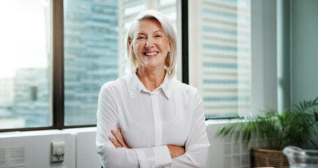 Portrait, smile and mature businesswoman with arms crossed for experience as financial advisor....