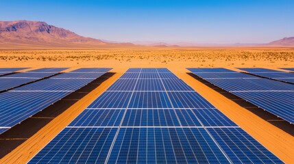Solar panels transforming desert landscape into renewable energy source