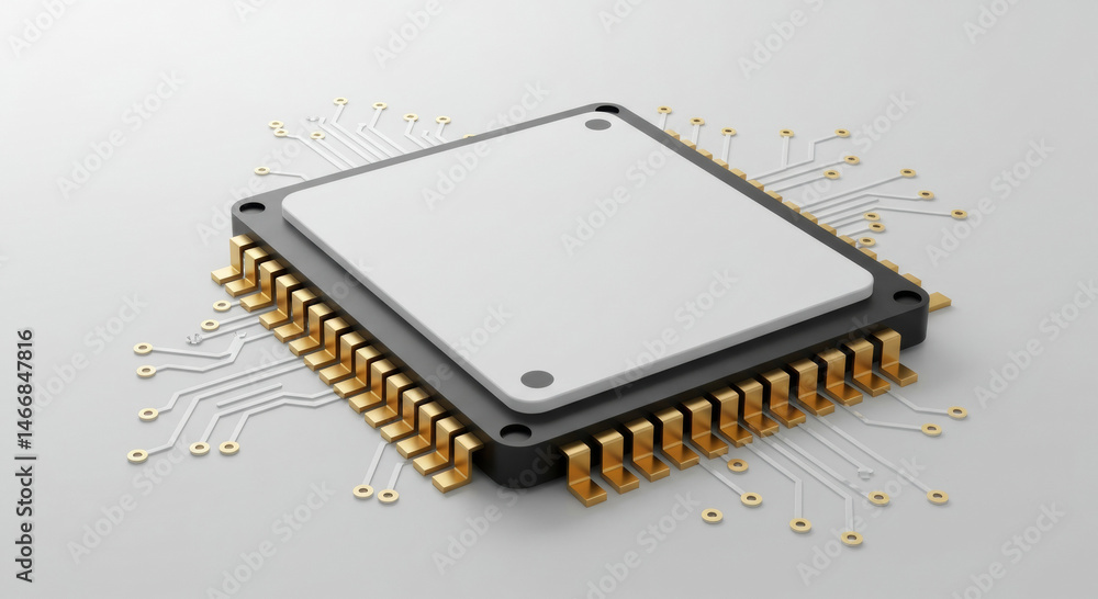 Poster modern computer processor chip with detailed circuitry in a neutral, light gray background.