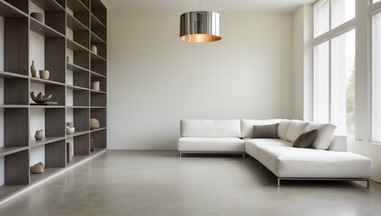 Minimalist Living Room with Modern White Couch, Gray Shelves, and Large Windows – Clean Interior Design.