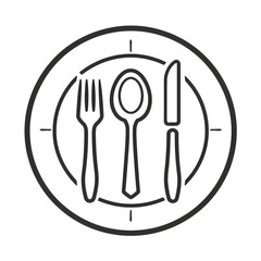 Fork ,spoon and knife on a plate black ink icon