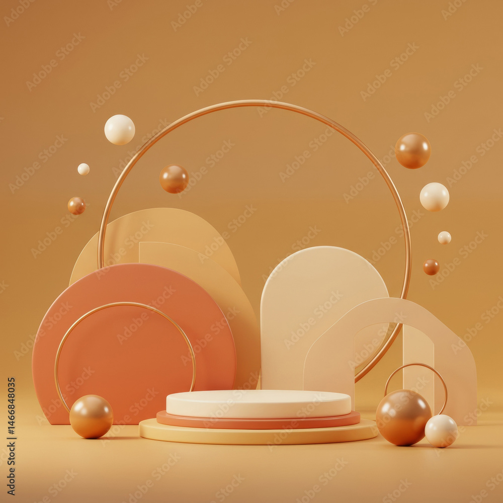 Poster geometric display podium with muted earth tones in a minimal aesthetic. abstract shapes and floating
