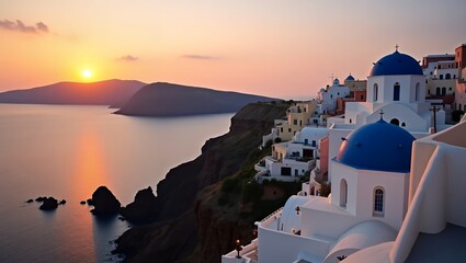 8K Santorini Sunset with White Buildings and Blue Domes Background