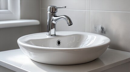 Fototapeta premium A modern ceramic bathroom sink with a chrome faucet, perfect for sleek, contemporary bathroom designs. Ideal for your next home renovation project!