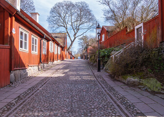 Fototapeta premium Charming Cobblestone Street with Red Wooden Houses