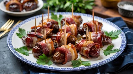 A plate of dates wrapped in golden bacon and pierced with toothpicks, garnished with parsley.