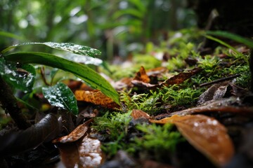 Fototapeta premium Rainforest floor, soft and alive --ar 3:2 --v 7 Job ID: adc542b7-2644-42ab-9c69-03ba39c3994e