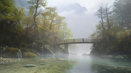 Obraz premium A misty morning scene featuring a wooden bridge crossing a clear mountain river, with surrounding trees fading into the ethereal fog. 