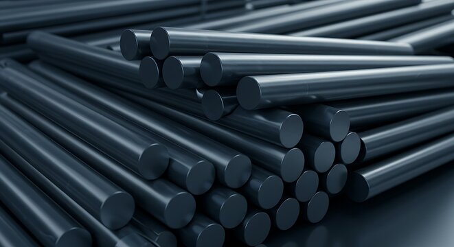 A close-up shows a haphazard pile of long, slender, dark gray cylindrical rods with smooth, reflective surfaces, potentially industrial metal or glassy carbon.