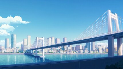 Fototapeta premium A modern bridge spanning a wide river, with a vibrant city skyline rising in the background under a clear blue sky 