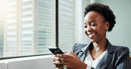 Business, smile and black woman with cellphone, internet and texting with message, accounting and...