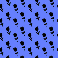 Black Tulip Pattern on Blue Background Floral Pattern Seamless Flower Pattern