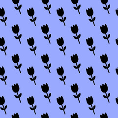 Black Tulip Floral Pattern on a Light Blue Background Floral Pattern Seamless Flower Pattern
