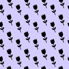 Black Tulip Pattern on Lavender Background Floral Pattern Seamless Flower Pattern