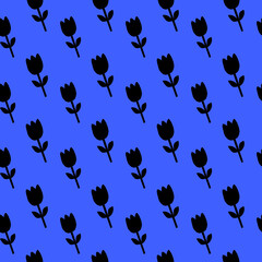 Black Tulip Pattern on Vibrant Blue Background Floral Pattern Seamless Flower Pattern