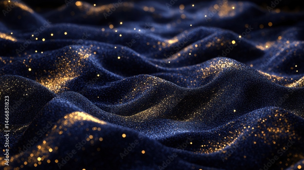 Poster abstract dark blue fabric with golden glitter flowing in a wave pattern elegant and luxurious backgr