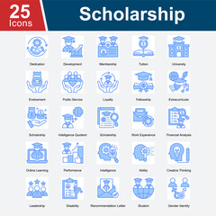Scholarship represents icons focused on educational support, academic achievements, and opportunities for students, including financial aid, development programs, extracurricular activities.