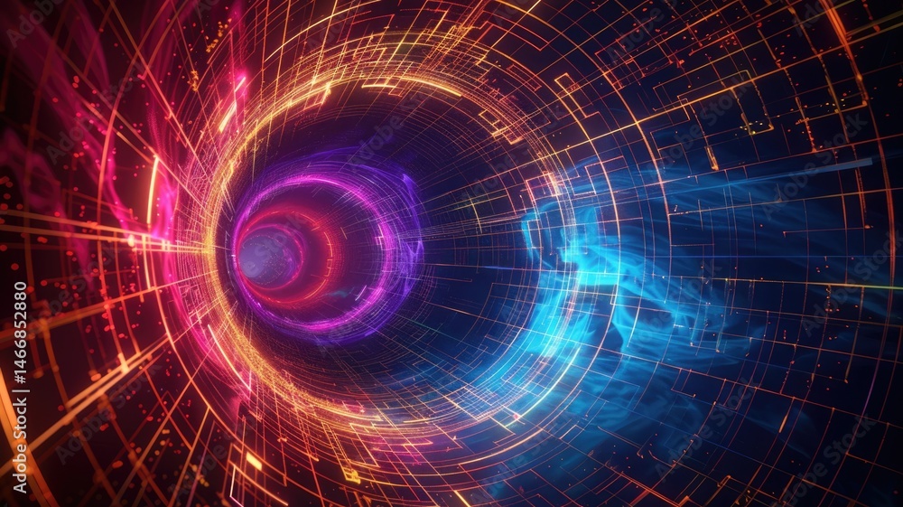 Poster abstract digital image of a colorful vortex with grid patterns on a dark background. digital artwork