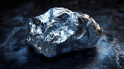 Silver Nugget: A close-up of a raw silver nugget, with detailed textures and a shiny, metallic surface contrasting with a dark, matte background.

