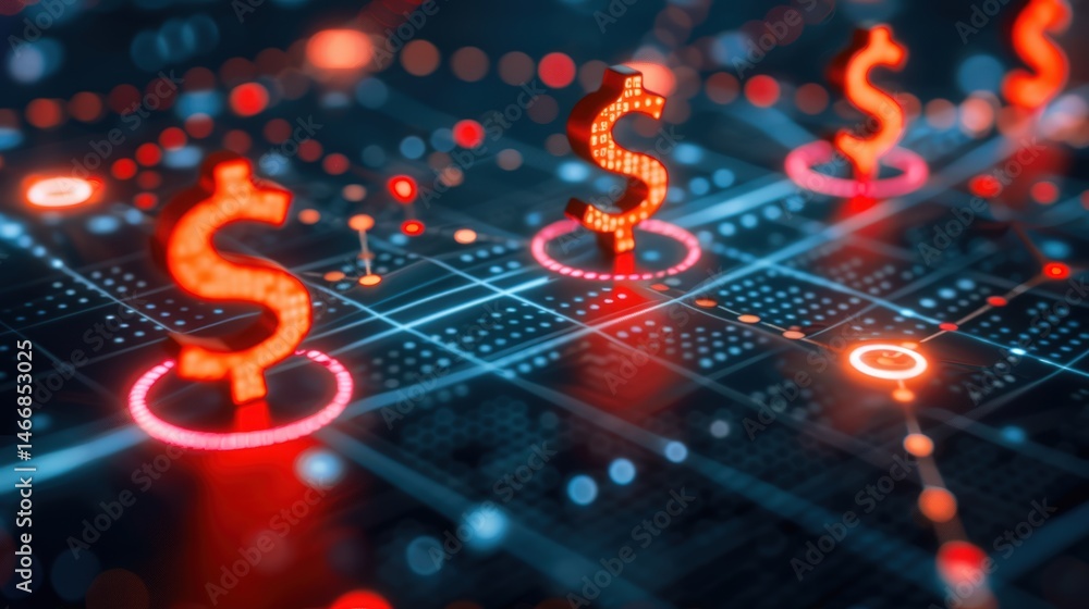Poster digital network grid with glowing red dollar signs over financial matrix background concept showing 