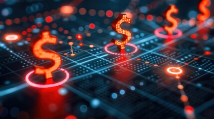 Digital network grid with glowing red dollar signs over financial matrix background concept showing digital currency economy investment profit analysis global trade fintech ecosystem.