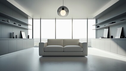 Minimalist Living Room with Modern White Couch, Gray Shelves, and Large Windows – Clean Interior Design.